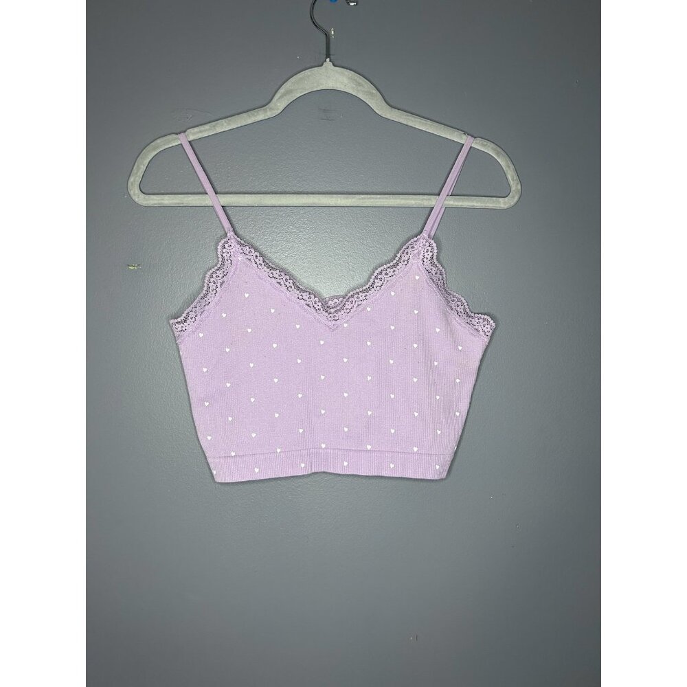Primark Bralette M Purple Heart Print Lace Trim Cropped Coquette Camisole Top